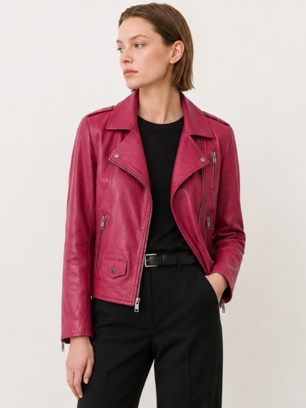 Theory  Leather Moto Jacket Raspberry Biker Motorcycle Size M